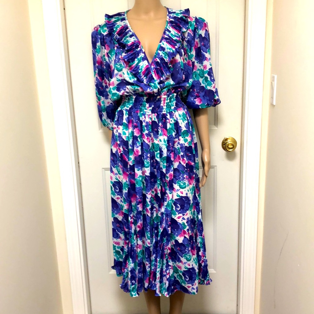 Vintage 80s Susan Freis Floral Dress Puff Sleeves Ruffle Neck Bias Cut Skirt S